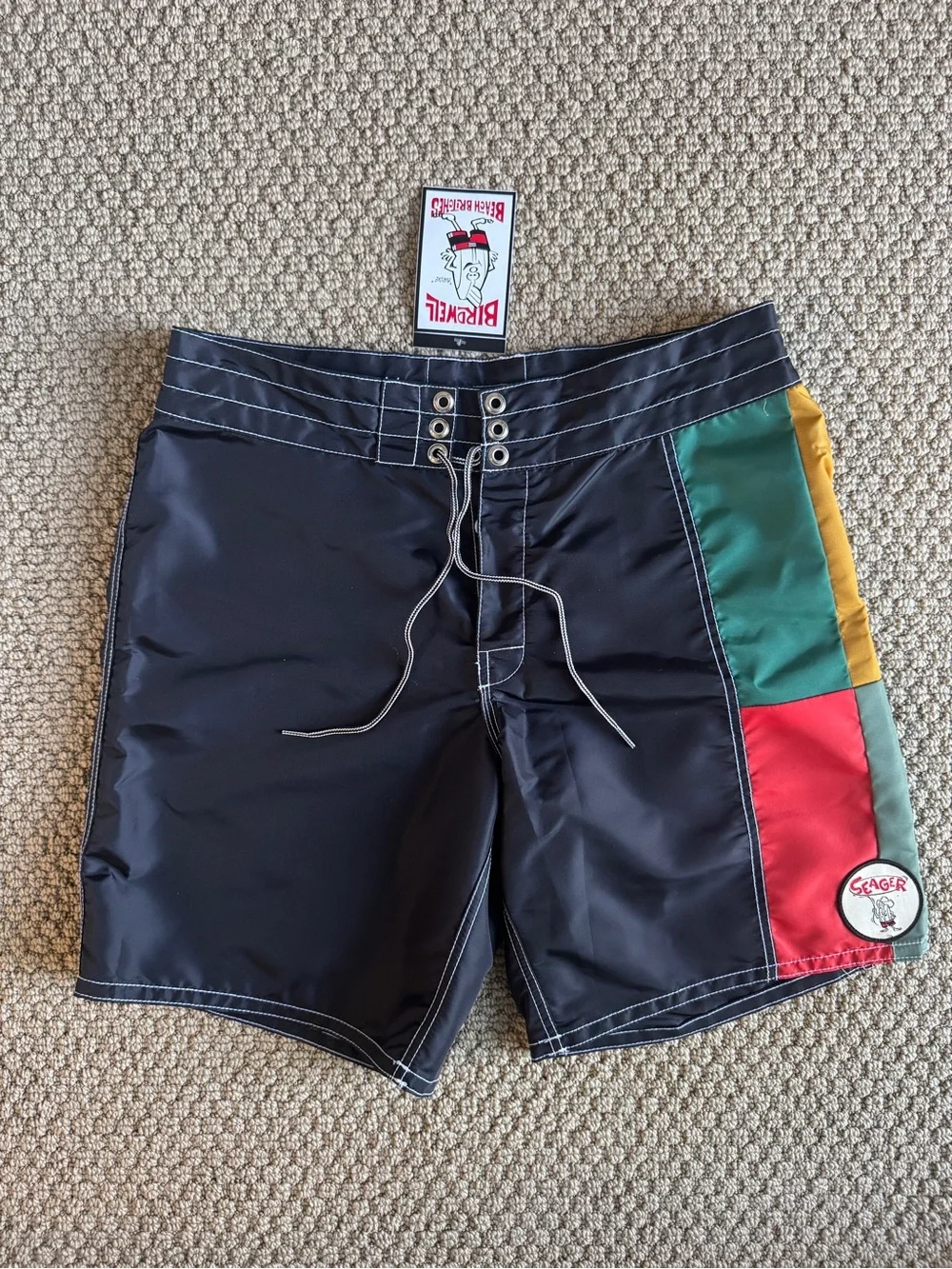Birdwell X Seager Black Boardshorts with White Stitching